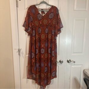 Maurices rust orange Bohemian flowy midi dress with ruffle short sleeves size 1X